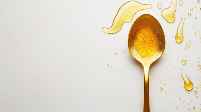 Luxury teaspoon photographed in white space with dripping high-gloss honey textures detailed sharply.
