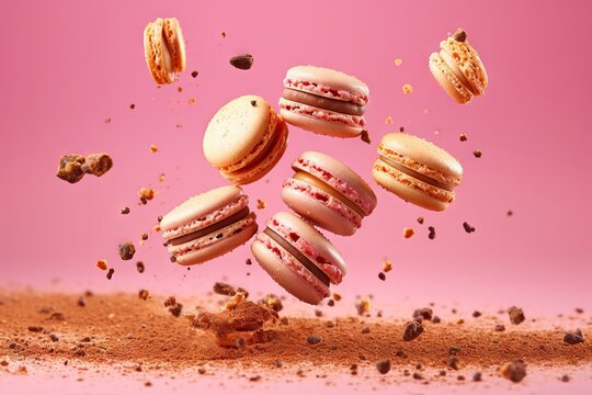 Macaroons macarons in various colors falling flying on pink background Generative AI