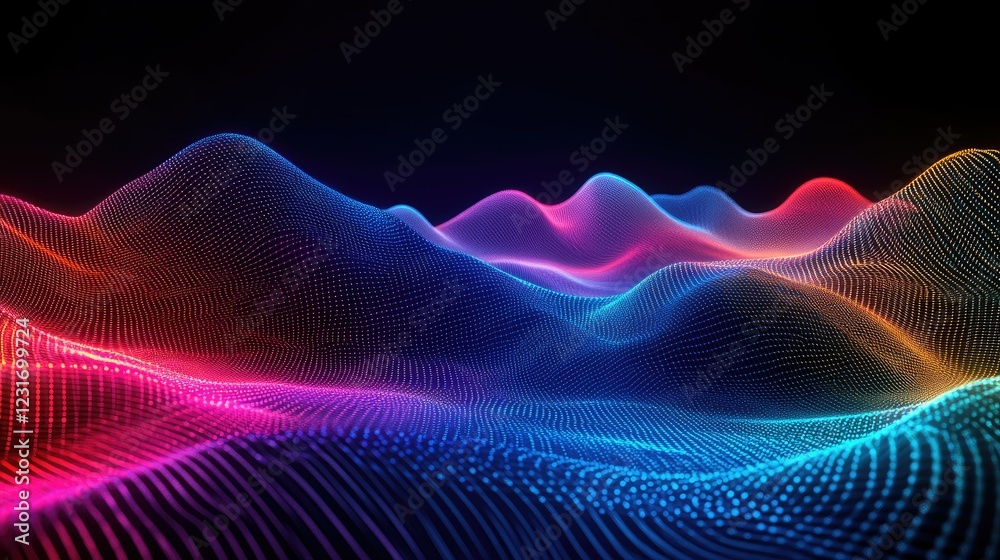 Poster neon-inspired digital design with multicolor data streams flowing across a virtual grid