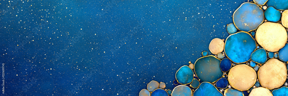 Poster a vibrant composition merging metallic gold flecks with scattered blue highlights, all blurred into 