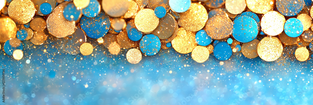 Poster a vibrant composition merging metallic gold flecks with scattered blue highlights, all blurred into 