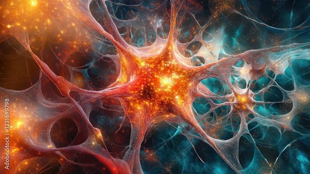 Poster neural network-inspired abstract design with interconnecting nodes and vibrant light effects