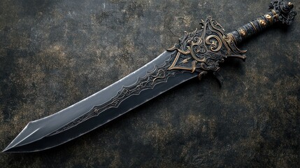 A bold and intricate black claymore with a sci-fi edge, featuring a decorative hilt and an imposing blade.