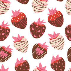 Repeating Valentine’s Day pattern with chocolate strawberries. A deliciously sweet vector print for romantic occasions. Ideal for wallpapers, invitations, party decor, and digital graphics