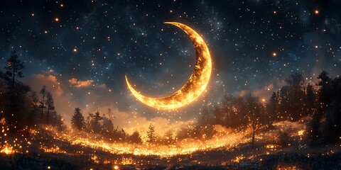 Naklejka premium Large Crescent Moon Illuminating a Starry Sky Above a Silhouetted Forest