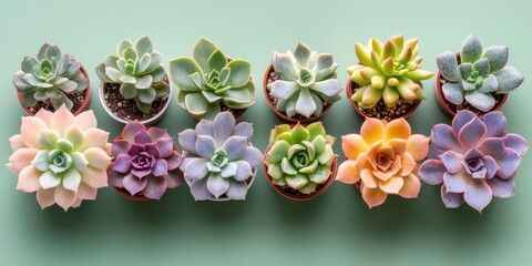 Succulent plants arrangement on pastel colored background. Potted succulent house plants. Flat lay, top view, copy space