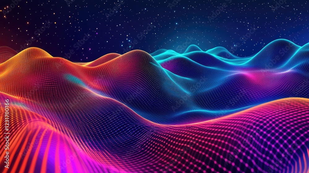 Poster neon-inspired digital design with multicolor data streams flowing across a virtual grid