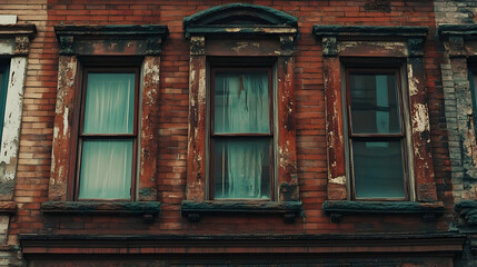 Aged red brick facade with three large windows