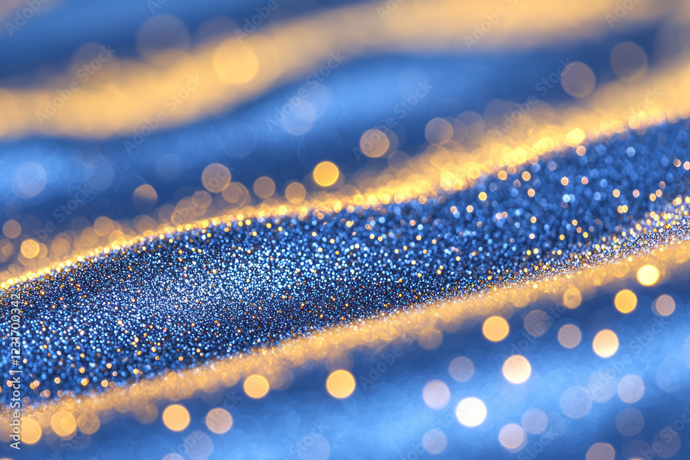 Poster a refined close-up of shimmering specks softly transitioning from warm gold to cool blue, forming an