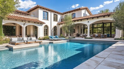 Fototapeta premium Private villa with a lavish swimming pool and cabanas, perfect for relaxation and luxury living
