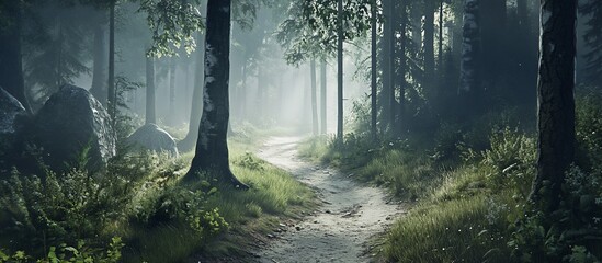 Misty forest path, sunlit trees, rocks, game background