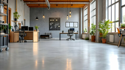 Modern office interior, workspace, plants, large windows, open plan
