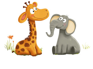 Fototapeta premium Cute smiling animals sitting on grass, giraffe and elephant, radiating joy and friendship. Perfect for children themes and playful designs