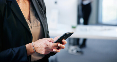 Phone, typing and hands of woman in office with online chat, schedule or research for business plan. Smartphone, businesswoman or architect with mobile app for digital notes, planning or networking