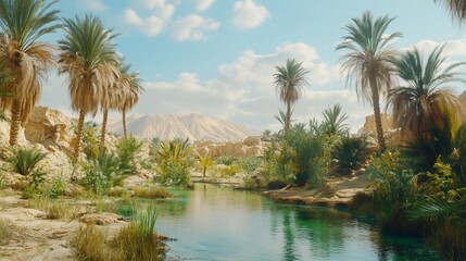 Oasis desert stream palm trees mountains landscape travel