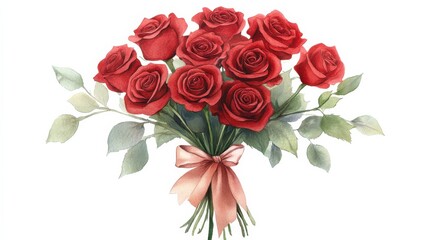 Obraz premium A vibrant bouquet of red roses tied with a ribbon, symbolizing love and romance, perfect for special occasions.