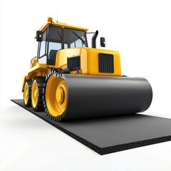 Fototapeta premium Heavy tandem drum roller smoothing out a new road, centered on a clean white background