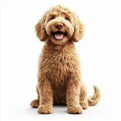 Realistic 3D icon of a Fluffy golden doodle dog sitting happily with a wagging tail, centered on a clean white background