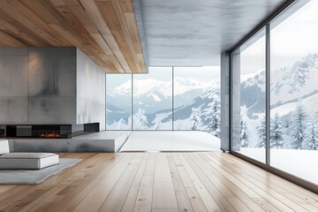 Modern living room with panoramic view of mountains