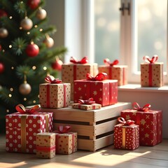 Obraz premium Redefining Gift Giving Modern Holiday Presents on Wooden Crate