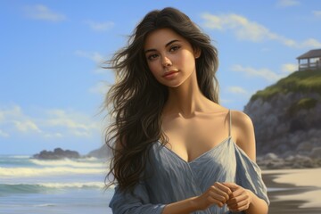 Obraz premium Portrait of a beautiful woman with long brown hair, enjoying a sunny day on a windy beach with ocean waves and cliffs in the background