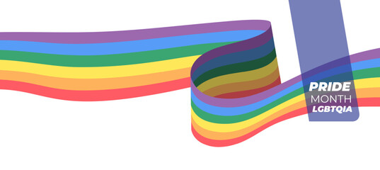 Rainbow wavy ribbon design background. Template LGBTQ Pride month flag. Red, orange, yellow, green, blue, violet color wave background vector shape for banner, poster, flyer, brochure, booklet, cover.