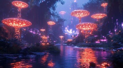 A glowing futuristic city with radiant towers and surreal luminous landscapes