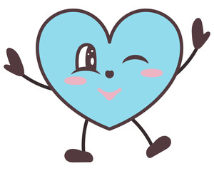 Blue male character in the shape of a heart winks. Symbol of love with a smile on his face, raises his hands up, dances with his legs. Color vector illustration. Kawaii style.