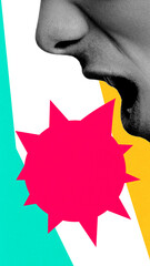 Conceptual graphic design. Close-up of open mouth, jagged pink speech bubble bursting out, symbolizing expressive communication, against abstract background. Concept of human emotions through voice.