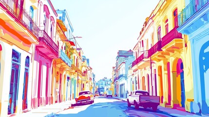 Obraz premium Colorful Cuban street scene, vintage cars, sunny day, travel poster