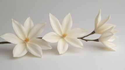 Delicate Sculpted White Blossoms on a Branch, Stark White Background, Minimalist Floral Design