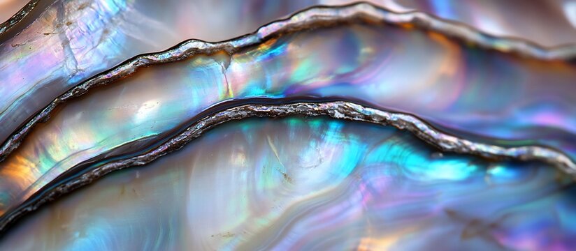 Iridescent abalone shell close-up, textured surface, ocean background, design element