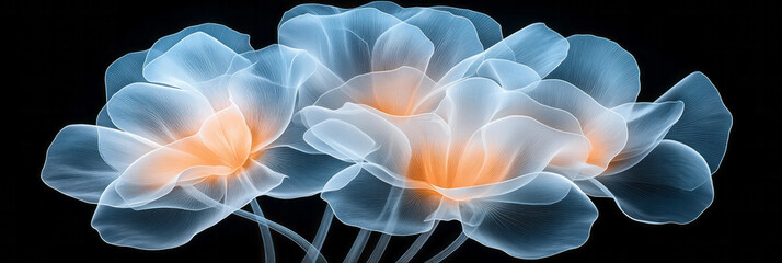 A refined graphic design showcasing multiple layers of translucent x-ray flowers, each softly glowing and overlapping for a sense of depth,