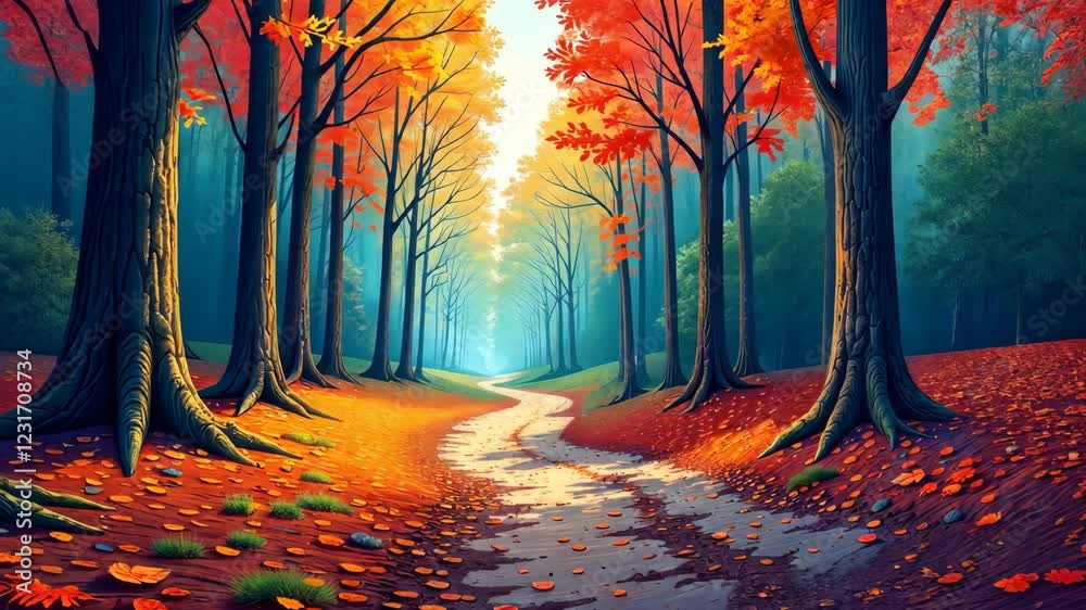 Poster A forest with a path through it. The path is lined with trees and leaves. The leaves are orange and red