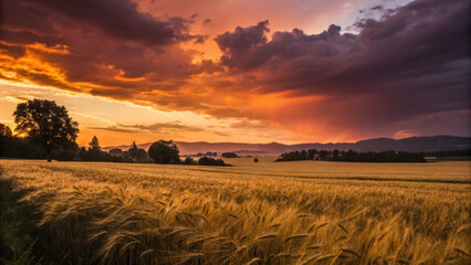 dramatic sunset over vast field of golden wheat, with vibrant clouds and distant mountains creating serene atmosphere