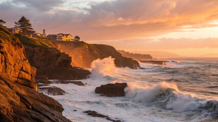 coastal cliffside with powerful waves crashing against rocks at sunset, creating dramatic scene