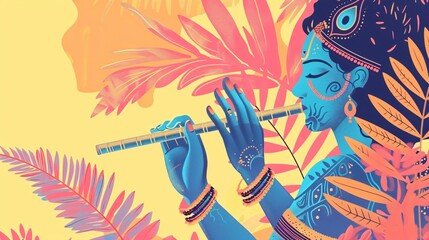 Divine Krishna Plays Flute - Spiritual Flat Vector Graphic for Design Projects