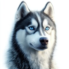 Fototapeta premium Husky with piercing blue eyes and a thick winter coat, placed on a bright white background