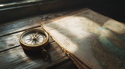 Antique compass, map, wooden table, sunlight, adventure