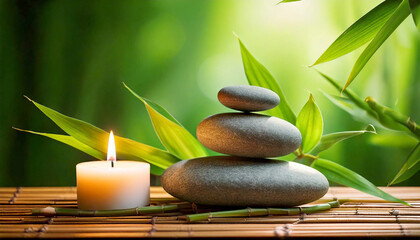 Meditative candlelit stone arrangement tranquil bamboo garden nature still life serene atmosphere