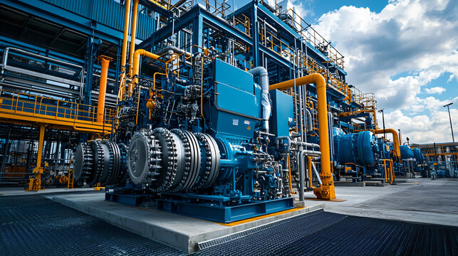 A large natural gas compressor station with multiple compressors and pipelines, set against an industrial backdrop.