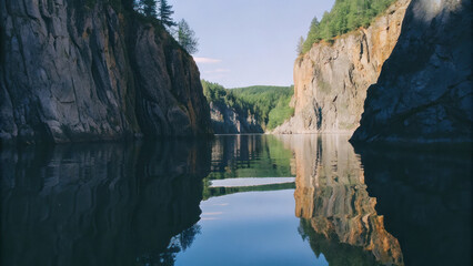 peaceful fjord with towering cliffs reflecting on calm water, surrounded by lush greenery and clear blue sky