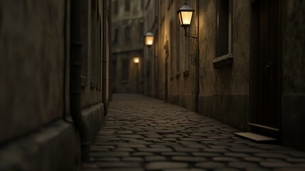 Cobblestone alley, historic city, evening ambiance, lamplight, mystery