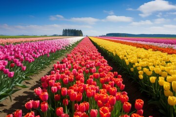 Multicolored tulips are growing in rows on large farm field under beautiful sky