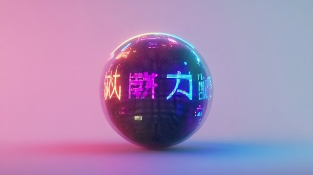 Neon Chinese characters sphere, glowing, studio, gradient background, futuristic design