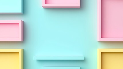 Colorful Minimalist Shelves on Soft Blue Background Perfect for Displaying Art or Photography in Modern Decor