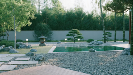 peaceful zen garden featuring koi pond, soft light, and natural elements creates serene atmosphere