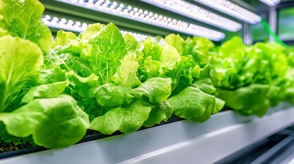 Fresh Green Lettuce Grown Under LED Lights in Hydroponic System