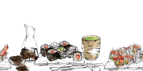 Traditional Japanese food, served sushi rolls set with raw fish, soy sauce, matcha tea and chopsticks, hand drawn in watercolor and ink. Seamless banner for restaurant, cafe menu, kitchen, recipe book