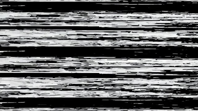 Abstract video featuring glitchy, horizontal white lines on a black background, creating a digital distortion effect. Static camera angle.
